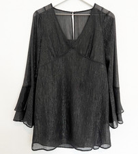BCBGeneration Dress Womens Size XS Black Sheer Metallic Tiered Bell Sleeve Mini
