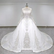 Long Sleeve Sequined Wedding Dresses Lace Zipper Back High Collar Sweep Train