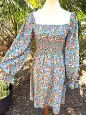 Blue Floral Smocked Cottagecore Prairie Peasant Mini Dress Bishop Sleeve Size S
