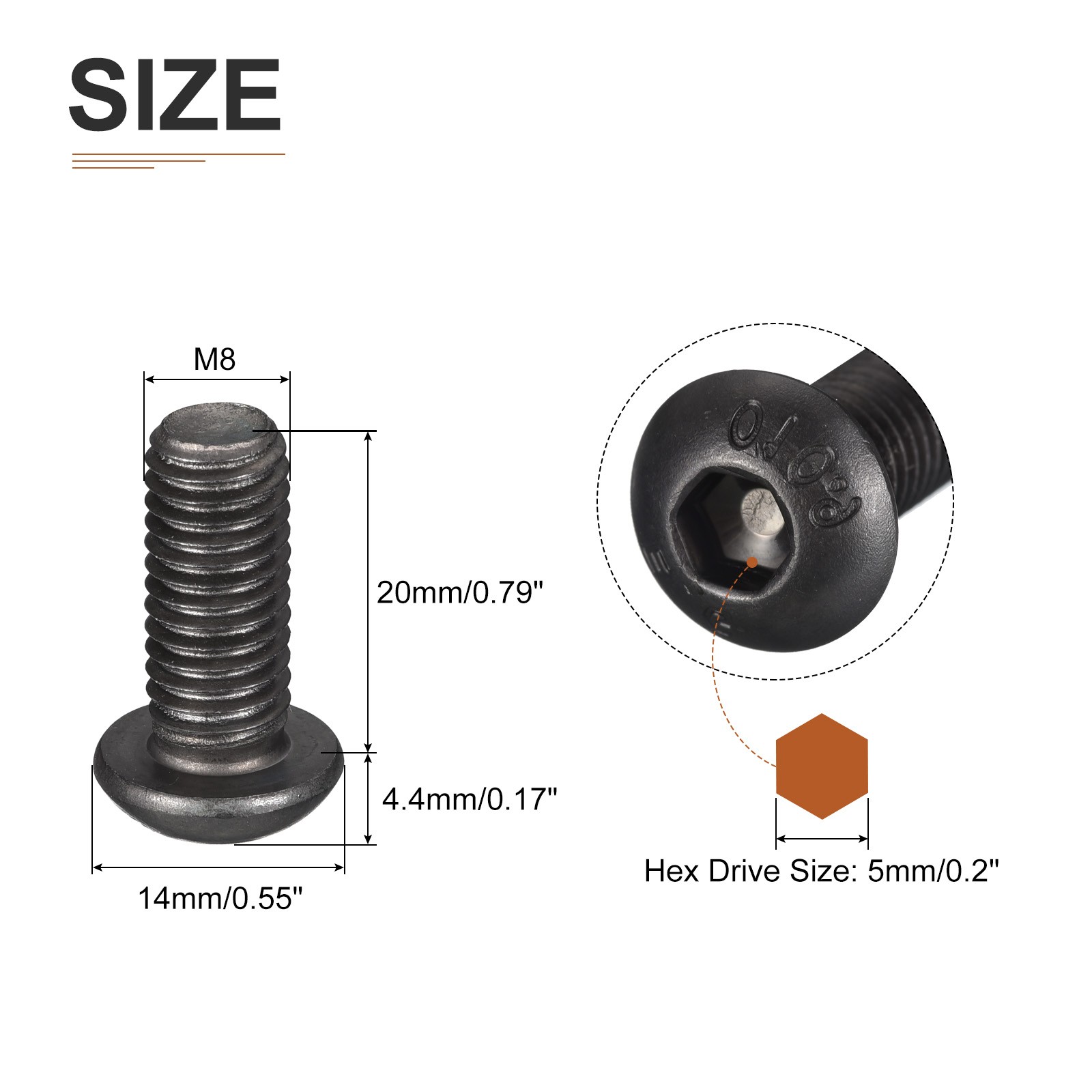 25PCS M8-1.25x20mm Button Head Socket Cap Screw Hex Drive Full Thread Fasteners