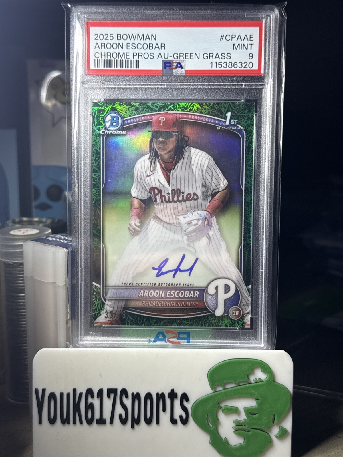 2025 BOWMAN CHROME 1st AROON ESCOBAR AUTO #’d/99 GREEN GRASS REF  🍇PSA 9