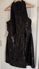 Halston Black Sequin Halter Neck Dress Brand New Size 16-18