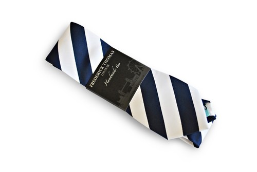 Frederick Thomas Designer Mens Tie - Dark Navy Blue & White - Repp Club Striped - Picture 5 of 5