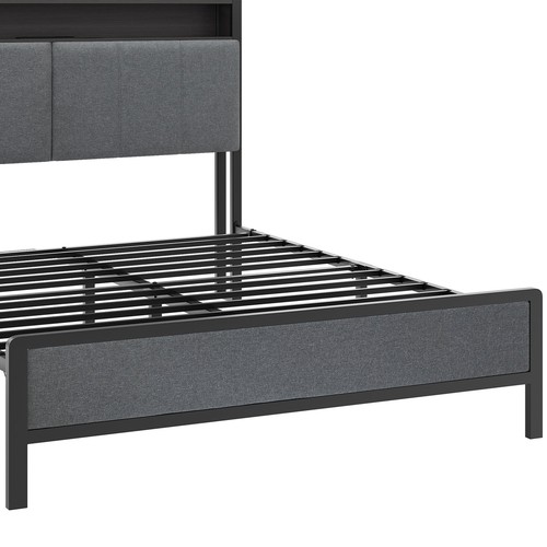 Full Size Bed Frame Upholstered Platform LED Storage Charging Headboard Shelves - Picture 11 of 12