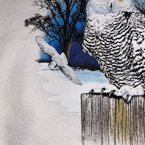 Vintage Owl Sweatshirt XL Snowy Owl Perch Pullover Sunrise Side AuGres *Stains* - Picture 4 of 15