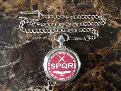 	 SPQR ROMAN SENATE FOR THE PEOPLE OF ROME CHROME POCKET WATCH WITH CHAIN (NEW)