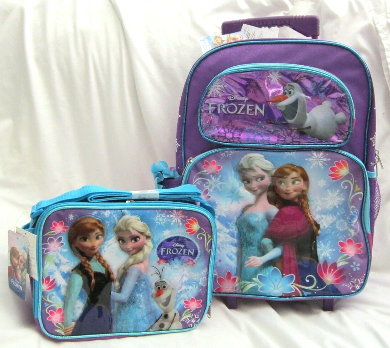 FROZEN ELSA ,ANNA,AND OLAF 16" ROLLING PURPLE BACKPACK&LUNCH