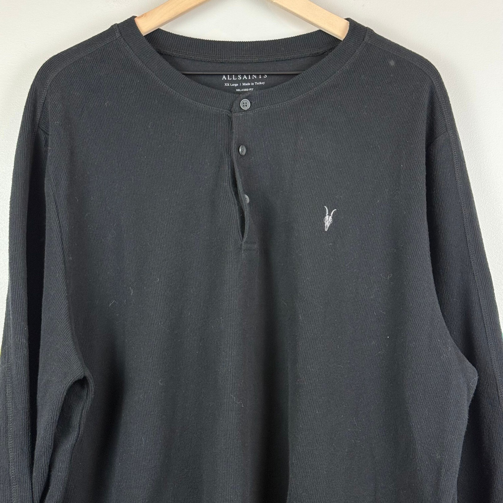 FILA Camicia AllSaints Uomo 2XL Nera Cotone Organico Rowe LS Henley Relaxed Minimalista