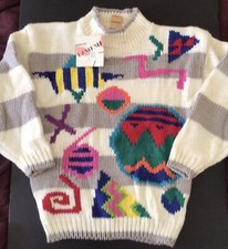 Vtg 80  s NWT Acrylic Bright Abstract Hand Knit Chunky Sweater Sz S