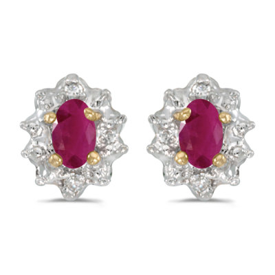 Ohrringe 10 Karat Gelbgold ovale Rubin und Diamant