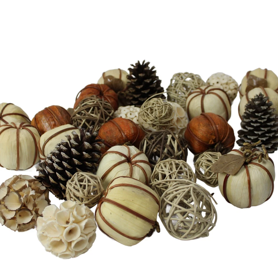 Conos de pino y bolas de ratán cáscara calabazas 30 piezas cesta de paja de pino decoración de otoño Foto 3 de 4