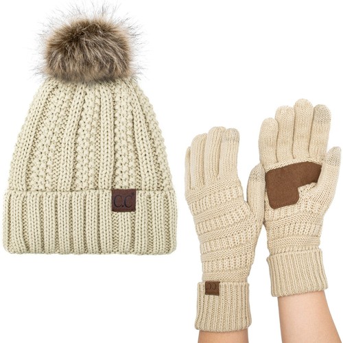C.C Thick Cable Knit Faux Fur Pom Beanie & Glove Set - Picture 24 of 51