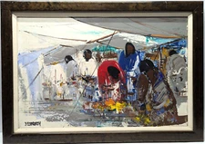 Leon Belaunzaran Painting Market Street Scene 27.5"W x 19.5"H