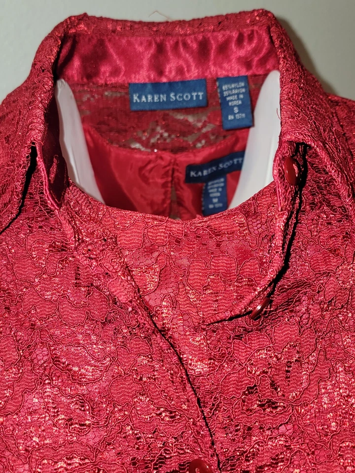 Chaqueta y concha de encaje rojo Karen Scott para mujer talla S/M Foto 3 de 4