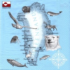 Serviettes en papier Groenland carte animaux Danemark. Napkins Greenland Denmark