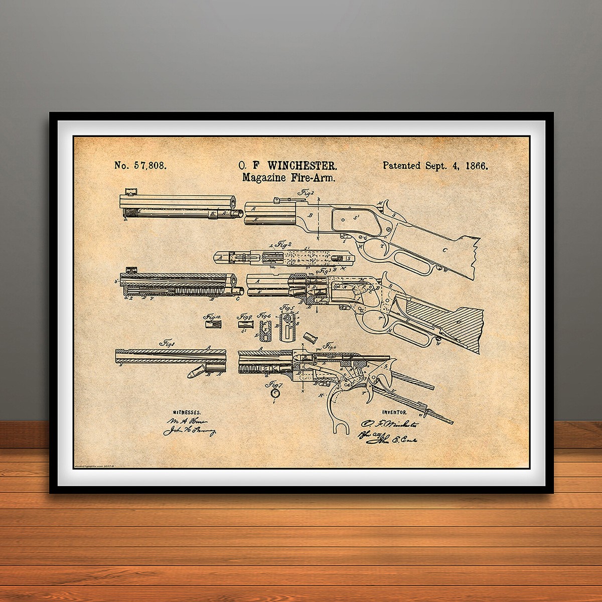 1866 Winchester Lever Action Rifle Patent Print Art Drawing Poster