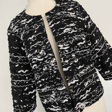 Chicos Beaded Women  s Embroidered Gathered Black  White Blazer Jacket Size 2 L