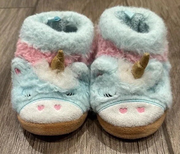 Slippers Unicorn Size 4 Blue Pink Fuzzy Faux Fur Rubber-image