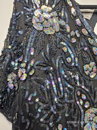 Vintage Stenay Plus Sequin Dress Womens 20 Black Floral Silk V-Neck Keyhole Back - Picture 7 of 15