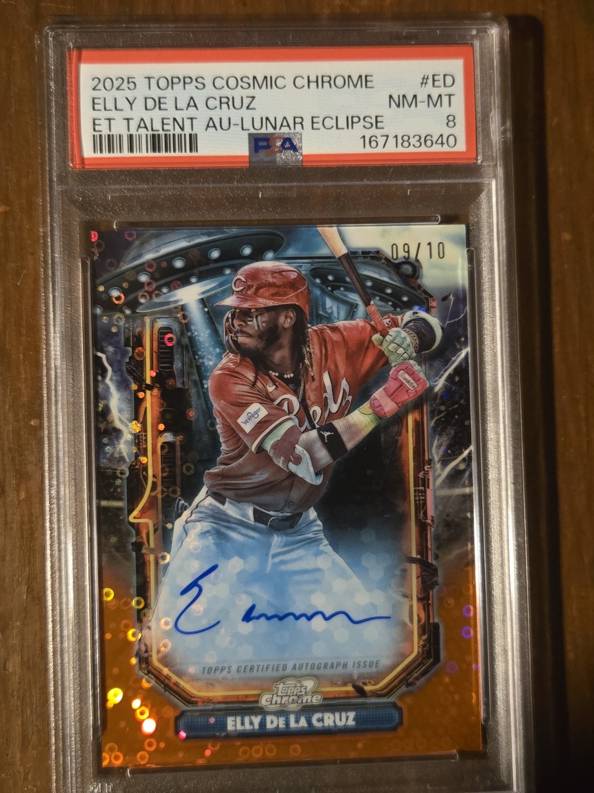 Elly De La Cruz 2025 Topps Cosmic Chrome ETA-ED lunar Eclipse /10 Auto PSA 8
