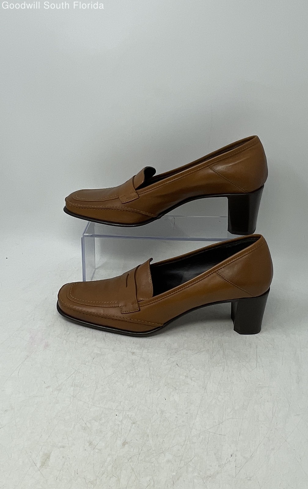 Via Spiga Womens Brown Leather Square Toe Block Heel Penny Loafers Size 10 M
