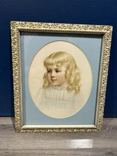 Antique Ida Waugh Child Portrait Chromolithograph c1890s–1900s, Framed Oval