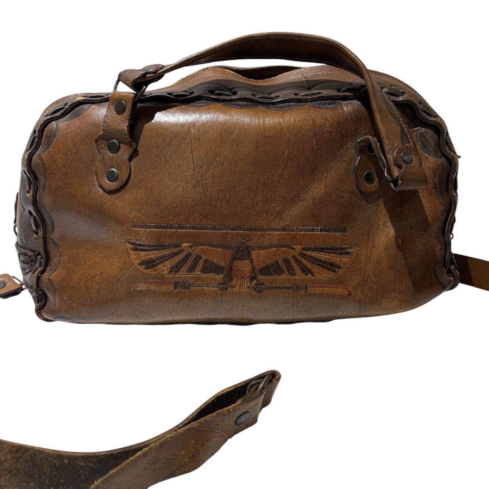 Vintage 70s Aztec Etched Leather Brown Shoulder / Handbag Retro Boho Indie Mod image 2
