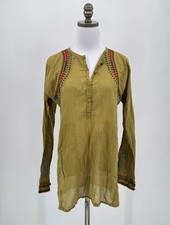 Johnny Was Biya Green Embroidered Cotton Henley Long Sleeve Tunic Top Sz S NEW