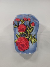 Vintage Style Blue Jean Dad Hat With Embroidered Red Roses And Ripped Brim
