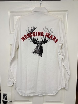 Moschino Jeans Herren STAG Langarm Hemd Weiß 90s Retro Medium M