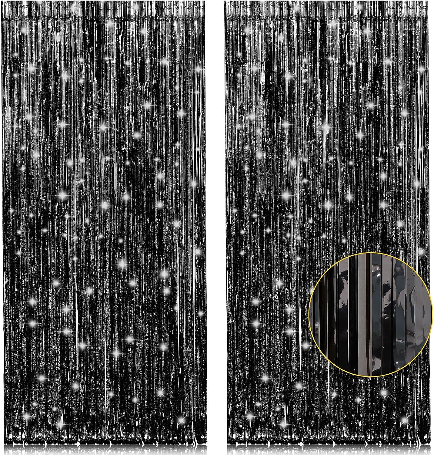 2 Pack 3.2ft x 8.2ft Black Tinsel Foil Fringe Curtains, Metallic Foil Tinsel Pho