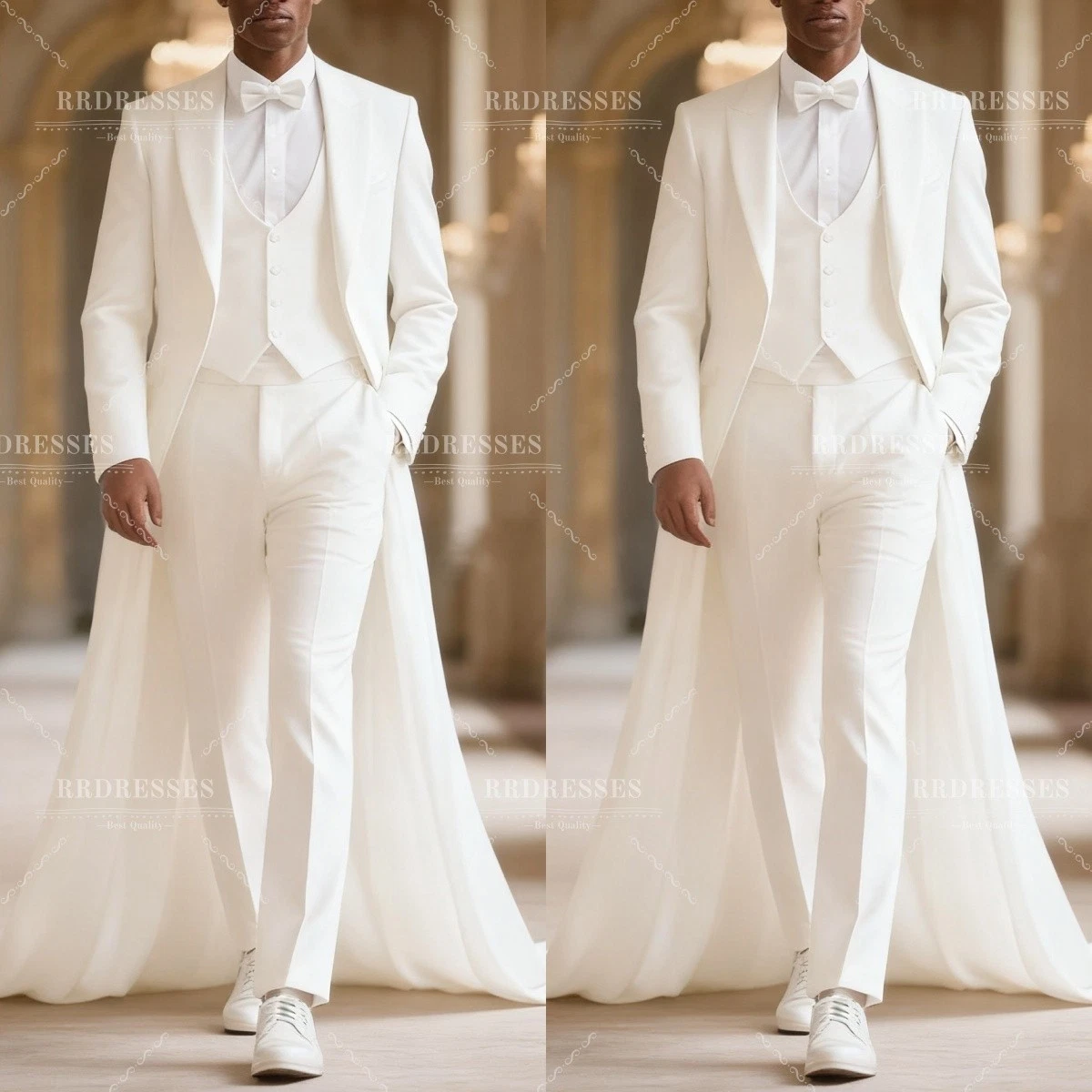 White Men's Long Suit Party Prom Wedding Bridal Jacket Groom 3Pcs Formal Vest