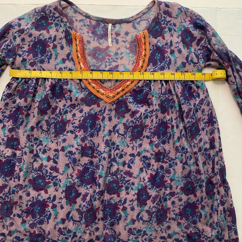 Free People Flowy 波西米亚衬衫花卉印花长袖 M 码紫色 — 第 4/4 张图片