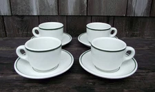 4 Irox/Iroquois Ironstone Restaurant Ware Green Stripe Cups Saucers Retro Diner