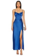ASTR the Label Cannes Dress in Denim Blue Small New Womens Satin Maxi