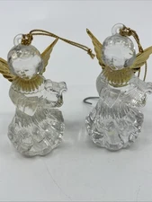 2 Vtg Clear Plastic Acrylic Angel Cherub Christmas Ornaments 2.5” Gold Wings