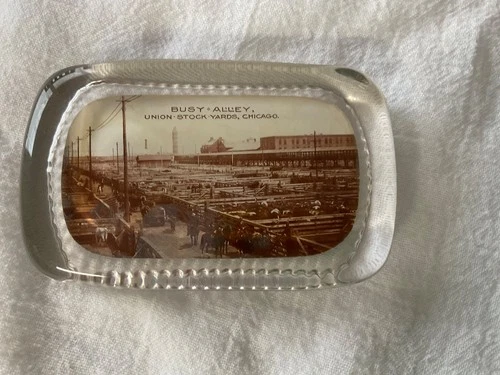 Vintage Photo in Glass Paperweight Busy Alley Union Stock Yards Chicago IL