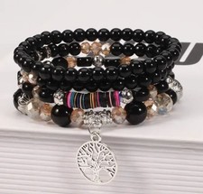 4-Piece Boho Hand Stacked Multilayer Bead Bracelet Set   Black Acrylic  Silver