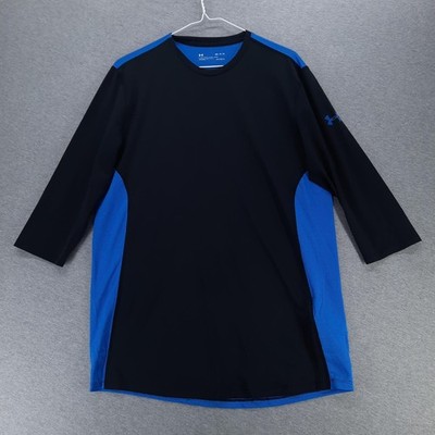 Under Armour Shirt Mens Medium Black Blue HeatGear Fitted 3/4 Sleeve Athletic