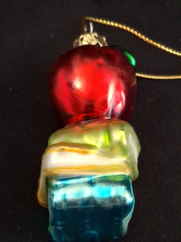 Red Apple On Books 3" H Glass Ornament For Teacher