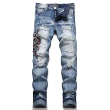 Style Punk Heavy Craft Slim Fit Elastic Ripped Patch Embroidery Small Foot Jeans