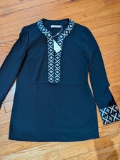 Tory Burch Womens Tunic With Taping Top Sz 2 Navy Blue Embroidered Sleeve NWT