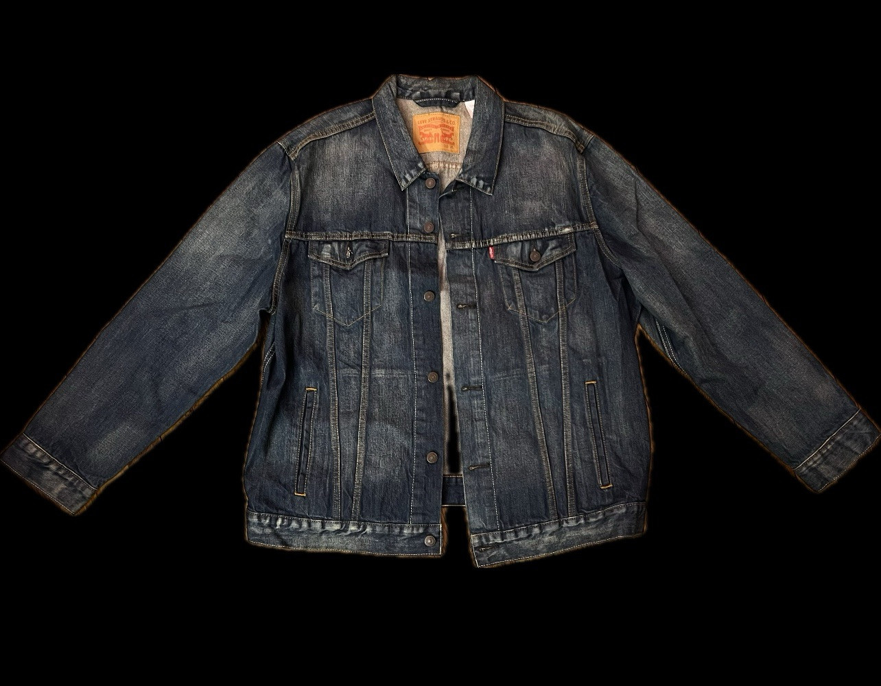 Levis Mens XL Dark Wash Blue Stretch Denim Trucker Jacket Chore Coat Colusa-image