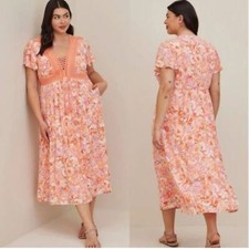 Torrid Lace Up Tea Length Crinkle Gauze Floral Coral Dress - Size 1X