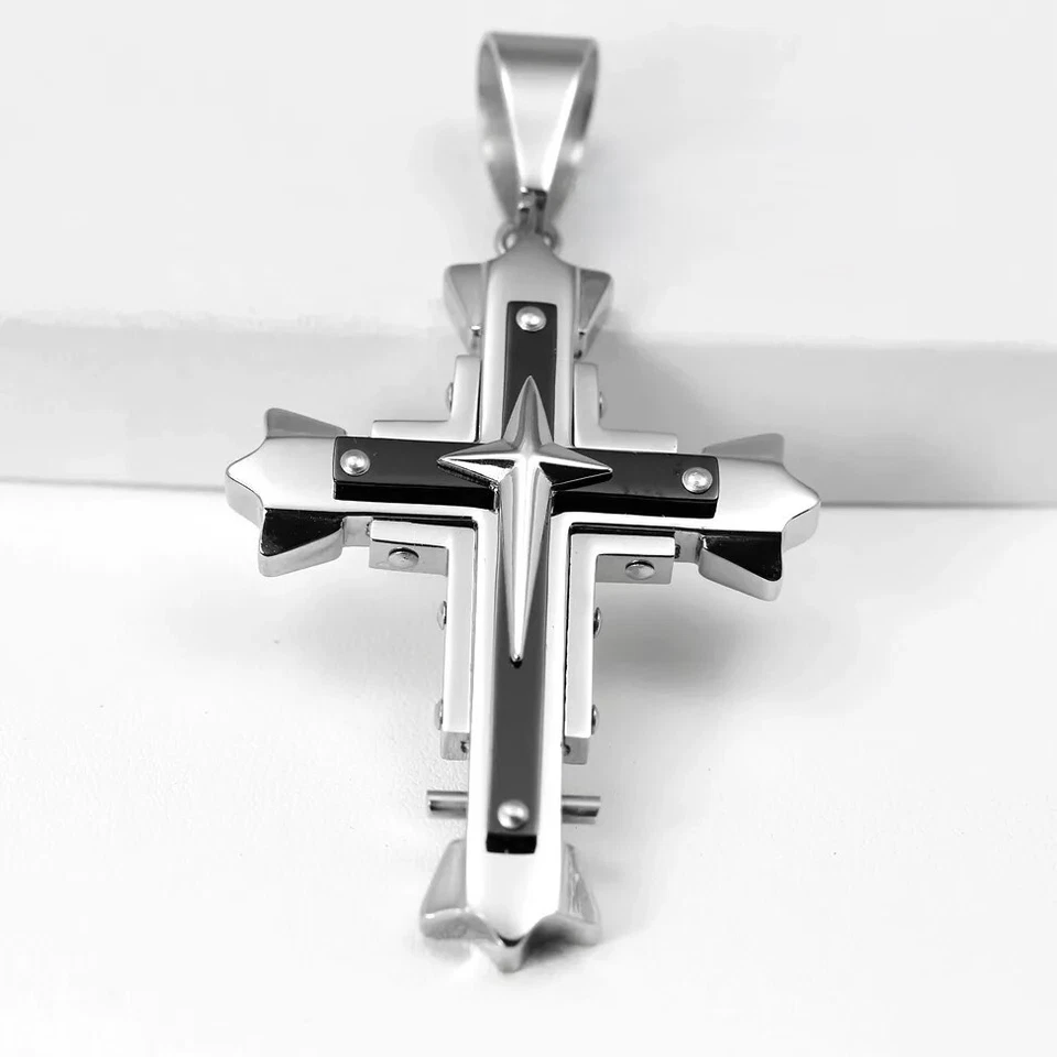 Collar Hombre Plata Acero Inoxidable.Cruz Negro Colgante 24" Bordillo Cubano...Caja Foto 3 de 4