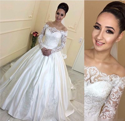 off the shoulder lace long sleeve wedding dress