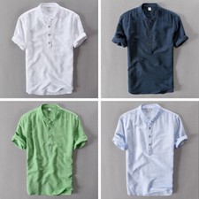 Uomo Lino Cotone Maglietta A Maniche Corte Collo Henley Top Camicia Traspirante