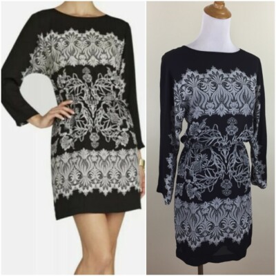 BCBGMAXAZRIA Black Gray SIMONE Dolman Sleeve Elastic Waist Dress Womens sz XXS