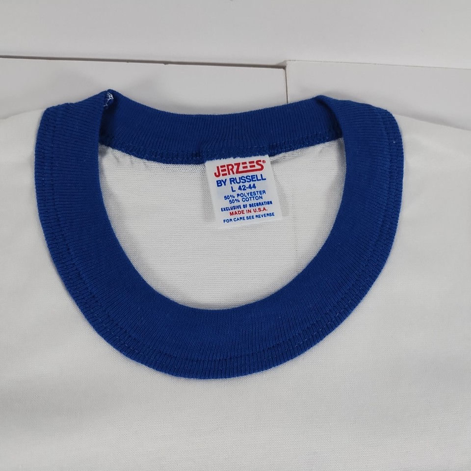 Vintage TShirt Blank Mens Large White Blue Ringer Short Sleeve