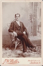 Cabinet Card Antique Photo Man Wicker Chair Backdrop Jackson OH Miller Graying